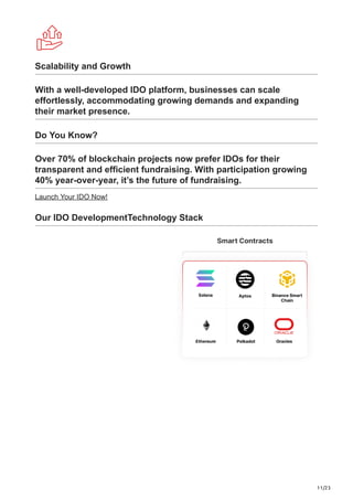 11/23
Scalability and Growth
With a well-developed IDO platform, businesses can scale
effortlessly, accommodating growing demands and expanding
their market presence.
Do You Know?
Over 70% of blockchain projects now prefer IDOs for their
transparent and efficient fundraising. With participation growing
40% year-over-year, it’s the future of fundraising.
Launch Your IDO Now!
Our IDO DevelopmentTechnology Stack
 