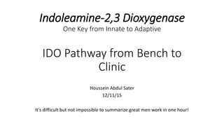 Indoleamine-2,3 Dioxygenase
One Key from Innate to Adaptive
IDO Pathway from Bench to
Clinic
Houssein Abdul Sater
12/11/15
It’s difficult but not impossible to summarize great men work in one hour!
 