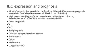IDO expression and prognosis
• Mostly Sporadic, but could also be focal, or diffuse (diffuse worse prognosis
in study of Ov Ca by Okamoto et al. 2005; 11m:17m:41m)
• High versus low ( high a/w increased mets to liver from colon ca,
Brandacher et al. 2006; 70% vs 50%; no survival diff)
• Good prognosis
HL
HCC
• Bad prognosis
 Ovarian: a/w paclitaxel resistance
 Endometrial
 Colon
 Melanoma
 Lung : Eos +IDO
 