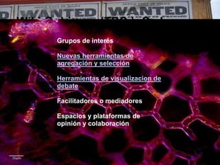 Wiki Gobierno (TPC ): Se buscan                        Grupos de interés   Nuevas herramientas de agregación y selecciónHerramientas de visualizacion de debateFacilitadores o mediadores   Espacios y plataformas de opinión y colaboración visual
