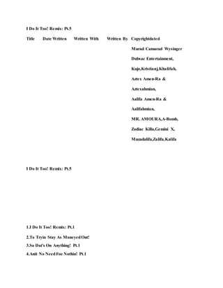 I Do It Too! Remix: Pt.5
Title Date Written Written With Written By Copyrightdated
Murad Camarad Wysinger
Dubsac Entertainment,
Kujo,Kristianj,Khalifah,
Aztex Amen-Ra &
Aztexahmian,
Aalifa Amen-Ra &
Aalifahmian,
MR. AMOURA,A-Bomb,
Zodiac Killa,Gemini X,
Muzadalifa,Zalifa,Kalifa
I Do It Too! Remix: Pt.5
1.I Do It Too! Remix: Pt.1
2.To Tryin Stay As MoneyedOut!
3.So Dat's On Anything! Pt.1
4.Anit No NeedFoe Nothin! Pt.1
 