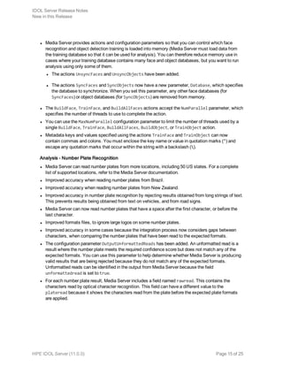 l Media Server provides actions and configuration parameters so that you can control which face
recognition and object detection training is loaded into memory (Media Server must load data from
the training database so that it can be used for analysis). You can therefore reduce memory use in
cases where your training database contains many face and object databases, but you want to run
analysis using only some of them.
l The actions UnsyncFaces and UnsyncObjects have been added.
l The actions SyncFaces and SyncObjects now have a new parameter, Database, which specifies
the database to synchronize. When you set this parameter, any other face databases (for
SyncFaces) or object databases (for SyncObjects) are removed from memory.
l The BuildFace, TrainFace, and BuildAllFaces actions accept the NumParallel parameter, which
specifies the number of threads to use to complete the action.
l You can use the MaxNumParallel configuration parameter to limit the number of threads used by a
single BuildFace, TrainFace, BuildAllFaces, BuildObject, or TrainObject action.
l Metadata keys and values specified using the actions TrainFace and TrainObject can now
contain commas and colons. You must enclose the key name or value in quotation marks (") and
escape any quotation marks that occur within the string with a backslash ().
Analysis - Number Plate Recognition
l Media Server can read number plates from more locations, including 50 US states. For a complete
list of supported locations, refer to the Media Server documentation.
l Improved accuracy when reading number plates from Brazil.
l Improved accuracy when reading number plates from New Zealand.
l Improved accuracy in number plate recognition by rejecting results obtained from long strings of text.
This prevents results being obtained from text on vehicles, and from road signs.
l Media Server can now read number plates that have a space after the first character, or before the
last character.
l Improved formats files, to ignore large logos on some number plates.
l Improved accuracy in some cases because the integration process now considers gaps between
characters, when comparing the number plates that have been read to the expected formats.
l The configuration parameter OutputUnformattedReads has been added. An unformatted read is a
result where the number plate meets the required confidence score but does not match any of the
expected formats. You can use this parameter to help determine whether Media Server is producing
valid results that are being rejected because they do not match any of the expected formats.
Unformatted reads can be identified in the output from Media Server because the field
unformattedread is set to true.
l For each number plate result, Media Server includes a field named rawread. This contains the
characters read by optical character recognition. This field can have a different value to the
plateread because it shows the characters read from the plate before the expected plate formats
are applied.
IDOL Server Release Notes
New in this Release
HPE IDOL Server (11.0.0) Page 15 of 25
 