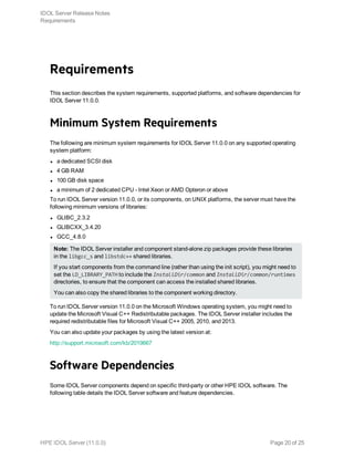 Requirements
This section describes the system requirements, supported platforms, and software dependencies for
IDOL Server 11.0.0.
Minimum System Requirements
The following are minimum system requirements for IDOL Server 11.0.0 on any supported operating
system platform:
l a dedicated SCSI disk
l 4 GB RAM
l 100 GB disk space
l a minimum of 2 dedicated CPU - Intel Xeon or AMD Opteron or above
To run IDOL Server version 11.0.0, or its components, on UNIX platforms, the server must have the
following minimum versions of libraries:
l GLIBC_2.3.2
l GLIBCXX_3.4.20
l GCC_4.8.0
Note: The IDOL Server installer and component stand-alone zip packages provide these libraries
in the libgcc_s and libstdc++ shared libraries.
If you start components from the command line (rather than using the init script), you might need to
set the LD_LIBRARY_PATH to include the InstallDir/common and InstallDir/common/runtimes
directories, to ensure that the component can access the installed shared libraries.
You can also copy the shared libraries to the component working directory.
To run IDOL Server version 11.0.0 on the Microsoft Windows operating system, you might need to
update the Microsoft Visual C++ Redistributable packages. The IDOL Server installer includes the
required redistributable files for Microsoft Visual C++ 2005, 2010, and 2013.
You can also update your packages by using the latest version at: 
http://support.microsoft.com/kb/2019667
Software Dependencies
Some IDOL Server components depend on specific third-party or other HPE IDOL software. The
following table details the IDOL Server software and feature dependencies.
IDOL Server Release Notes
Requirements
HPE IDOL Server (11.0.0) Page 20 of 25
 