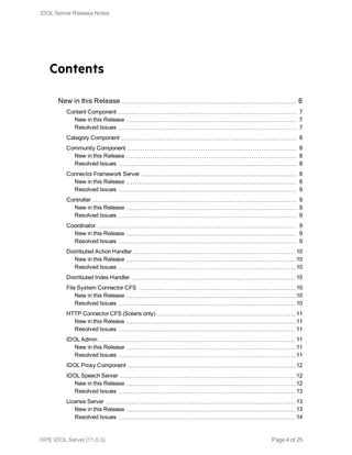 Contents
New in this Release 6
Content Component 7
New in this Release 7
Resolved Issues 7
Category Component 8
Community Component 8
New in this Release 8
Resolved Issues 8
Connector Framework Server 8
New in this Release 8
Resolved Issues 9
Controller 9
New in this Release 9
Resolved Issues 9
Coordinator 9
New in this Release 9
Resolved Issues 9
Distributed Action Handler 10
New in this Release 10
Resolved Issues 10
Distributed Index Handler 10
File System Connector CFS 10
New in this Release 10
Resolved Issues 10
HTTP Connector CFS (Solaris only) 11
New in this Release 11
Resolved Issues 11
IDOL Admin 11
New in this Release 11
Resolved Issues 11
IDOL Proxy Component 12
IDOL Speech Server 12
New in this Release 12
Resolved Issues 13
License Server 13
New in this Release 13
Resolved Issues 14
IDOL Server Release Notes
HPE IDOL Server (11.0.0) Page 4 of 25
 