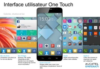 Interface utilisateur One Touch
Colorée, intuitive et fun

Mur de photo

Mur Widget

Applis

Applis 2

Choisissez une photo de
l’un de vos albums

Musique, FM, applis
fréquentes et plus.
Ajoutez tous vos widgets
favoris et placez les comme
vous le souhaitez !

Applis pré-embarquées
prêtes à être utilisées.

Créez des dossiers et
organisez vos applis
par catégories

Ecran d’accueil
Widget météo avec mise à jour
automatique, température, heure et
date.

 