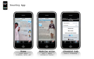 YourOrg App




          Home              Mobile site           iDonAid tab
        linked media:          easy to update      stats & networking
    slideshow, movie, pdf   information channel
 