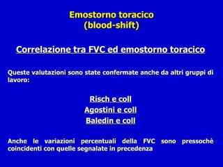 Emostorno toracico (blood-shift) Correlazione tra FVC ed emostorno toracico Queste valutazioni sono state confermate anche da altri gruppi di lavoro: Risch e coll Agostini e coll Baledin e coll Anche le variazioni percentuali della FVC sono pressochè coincidenti con quelle segnalate in precedenza 