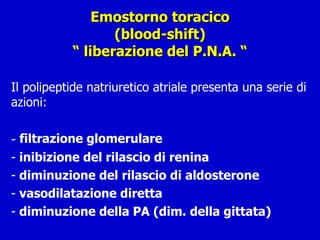 Emostorno toracico (blood-shift) “ liberazione del P.N.A. “ Il polipeptide natriuretico atriale presenta una serie di azioni: filtrazione glomerulare inibizione del rilascio di renina diminuzione del rilascio di aldosterone vasodilatazione diretta diminuzione della PA (dim. della gittata)  