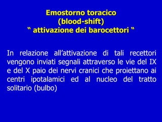 Emostorno toracico (blood-shift) “ attivazione dei barocettori “ In relazione all’attivazione di tali recettori vengono inviati segnali attraverso le vie del IX e del X paio dei nervi cranici che proiettano ai centri ipotalamici ed al nucleo del tratto solitario (bulbo)  