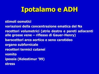 Ipotalamo e ADH stimoli osmotici variazioni della concentrazione ematica del Na recettori volumetrici (atrio destro e pareti adiacenti alle grosse vene – riflesso di Gauer-Henry) barocettori arco aortico e seno carotideo organo subfornicale recettori termici cutanei vomito ipossia (Kelestimur ’99) stress 