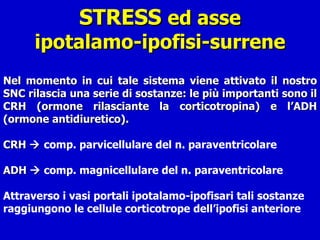 STRESS  ed asse ipotalamo-ipofisi-surrene Nel momento in cui tale sistema viene attivato il nostro SNC rilascia una serie di sostanze: le più importanti sono il CRH (ormone rilasciante la corticotropina) e l’ADH (ormone antidiuretico). CRH     comp. parvicellulare del n. paraventricolare ADH     comp. magnicellulare del n. paraventricolare Attraverso i vasi portali ipotalamo-ipofisari tali sostanze raggiungono le cellule corticotrope dell’ipofisi anteriore 