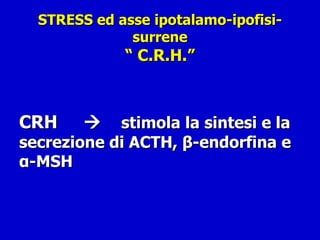 STRESS ed asse ipotalamo-ipofisi-surrene “ C.R.H.” CRH     stimola la sintesi e la secrezione di ACTH,  β -endorfina e  α -MSH 