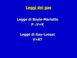 Leggi dei gas Legge di Boyle-Mariotte P  x  V=K Legge di Gay-Lussac V=KT 