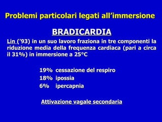 Problemi particolari legati all’immersione  BRADICARDIA Lin  (’93) in un suo lavoro fraziona in tre componenti la riduzione media della frequenza cardiaca (pari a circa il 31%) in immersione a 25°C 19%  cessazione del respiro 18%  ipossia 6%  ipercapnia Attivazione vagale secondaria 