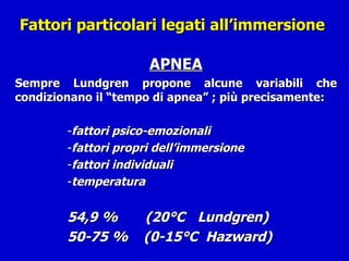 Fattori particolari legati all’immersione  APNEA Sempre Lundgren propone alcune variabili che condizionano il “tempo di apnea” ; più precisamente: fattori psico-emozionali fattori propri dell’immersione fattori individuali temperatura  54,9 %  (20°C    Lundgren) 50-75 %  (0-15°C  Hazward) 