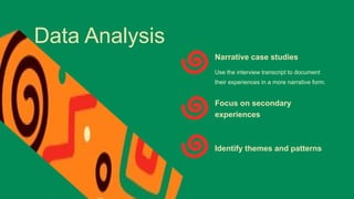 Data Analysis
Narrative case studies
Use the interview transcript to document
their experiences in a more narrative form.
Identify themes and patterns
Focus on secondary
experiences
 