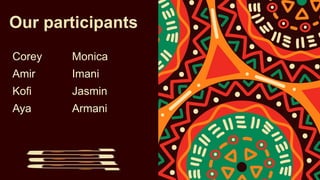 Our participants
Corey
Amir
Kofi
Aya
Monica
Imani
Jasmin
Armani
 