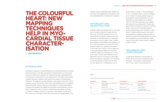 Chapter 9 | NEW MR MYOCARDIUM MAPPING TECHNIQUES 97
THE HEART REVEALED RADIOLOGY IN THE DIAGNOSIS AND MANAGEMENT OF CARDIAC CONDITIONS
chapter reviews established (see Table) and
evolving clinical applications, limitations, and
future developments of parametric mapping.
PHYSIOLOGY AND
MICROSTRUCTURE
Magnetic resonance probes density and mag-
netic microenvironment of water protons.
Moreover, fluid-shifts between intra- and
extracellular myocardial compartments are
reflected in the biodistribution of standard
extracellular contrast agents. Many cardiac
pathologies are associated with alterations of
intra- and extracellular structures and char-
acteristic effects on magnetic parameters.
The shortening of native T1 time is observed
in glycosphingolipid deposition such as in
Anderson-Fabry, the shortening of T2 and
particularly T2* are typical features of iron
deposition such as in primary or secondary
haemochromatosis. Parametric T2* mapping
is now accepted as a clinical tool to moni-
tor iron deposition in thalassaemia and to
guide therapy (Figure 1). The prolongation
of T2, on the other hand, is found in oedema
as an indicator of acute disease (Figure 2).
Extracellular volume expansion is found in
interstitial amyloid deposition or replace-
ment of infarcted myocardium by collagen
also referred to as replacement fibrosis e.g.
after infarction (Figure 3). Reactive or diffuse
fibrosis may occur in oncologic patients
during chemotherapy with cardiotoxic med-
ication. Several studies support the notion
that parametric mapping might be useful to
identify myocardial damage before functional
abnormalities occur. Early detection might
reduce the burden of heart failure in patients
cured of cancer.
TECHNIQUES AND
CONFOUNDERS
Longitudinal relaxation is the process of
proton spins returning to equilibrium after
excitation. This process is described by
the T1 time. Long T1 times are found in
THE COLOURFUL
HEART: NEW
MAPPING
TECHNIQUES
HELP IN MYO-
CARDIAL TISSUE
CHARACTER-
ISATION
BY JENS BREMERICH
INTRODUCTION
Parametric mapping is another dimension of cardiac MR beyond morphol-
ogy and function. It enables quantitative characterisation of myocardial
tissue. For more than a decade, T2* mapping has been established as a
clinical tool for quantification of iron deposition in the heart and to guide
chelation therapy in patients with haemochromatosis or thalassaemia.
Moreover, T2-mapping has been applied to distinguish acute from chronic
diseases such as myocarditis. More recent developments are T1-mapping
before and after contrast injection. Knowledge of T1 times before/after
contrast and haematocrit enable the calculation of extracellular volumes
(ECV). Expansion of ECV is found in interstitial accumulation of fluids
in oedema, collagen in fibrosis, or amyloid in amyloidosis. Shrinking of
ECV may occur in athlete’s heart when myocytes are hypertrophied. This
Table
Pathologies with typical parameter alterations
PARAMETER DECREASE MILD INCREASE SEVERE INCREASE
T1 native Anderson-Fabry, iron overload, fat,
athlete’s heart,
haemorrhage
Diffuse fibrosis, scar,
subacute/chronic inflammation
Acute infarct,
acute inflammation,
amyloidosis
ECV Athlete’s heart Diffuse fibrosis Scar, amyloidosis
T2 Iron overload, haemorrhage Subacute inflammation Acute inflammation,
acute ischaemia, acute infarct
T2* Iron overload, haemorrhage
 
