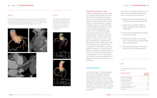 Chapter 18 | RADIATION EXPOSURE 185184 Chapter 18 | RADIATION EXPOSURE
THE HEART REVEALED RADIOLOGY IN THE DIAGNOSIS AND MANAGEMENT OF CARDIAC CONDITIONSTHE HEART REVEALED RADIOLOGY IN THE DIAGNOSIS AND MANAGEMENT OF CARDIAC CONDITIONS
Adjustment of pitch value
Distance travelled by the CT table divided
by x-ray beam width denotes pitch. Radi-
ation exposure for helical scanning at a
pitch of 1 is comparable to that obtained
during axial scanning. Scanning with pitch
settings >1 is associated with a decrease
of radiation exposure. A specialised form
of helical scanning (‘high pitch’ or ‘super-
helical’) has been developed for use
in new ‘fast’ CT systems like the latest
generation of dual-source CT (DSCT),
or wide-detector, systems. According to
different studies, the mean dose during
high pitch scanning is very low (it could
be in sub-millisievert range) without any
associated decrease in image quality. High
pitch scanning is particularly beneficial
in diagnosis of CA anomalies and cardiac
anatomy assessment of congenital heart
diseases in children and young patients. So
far, the main limitation of this technique is
its dependence on low HR (typically less
than 65 bpm), but this disadvantage may
disappear with further improvements in CT
techniques.
CONCLUSION
Just ten years ago, CCTA was associated
with relatively high radiation exposure.
According to the data from the ACC/
HRS/NASCI/SCAI/SCCT Expert Consen-
sus Document on Optimal Use of Ionising
Radiation in Cardiovascular Imaging (2018)1
,
the radiation dose during cardiac CTA can
range from 0.5 to 30 mSv (Table). However,
in most cases of CCTA, this is no longer a
big problem.
In summary, we would like to stress the most
effective ways to decrease radiation expo-
sure in coronary and cardiac imaging2, 3
:
1.	 Selection of the right indications for the
examination (e.g. use iGuide4 from ESR)
2.	 Details such as the patient’s age, sex,
weight, and height must be taken into
consideration
3.	 Scan length should be tailored according
to the aim of the study
4.	 Prospective ECG-gated CTA should be
used in most cases when sufficient image
quality can be expected
5.	 Retrospective ECG-gated CCTA should
be done with tube current modulation
Figure 4
Coronary CTA with prospective (A)
and retrospective (B) ECG-gating.
The radiation dose was decreased
from 19.4 to 1.37 mSv thanks to
prospective ECG-gating and low
tube voltage without any loss in
image quality.
A
B
Figure 3
Low-dose CCTA with prospective ECG-gating and low tube voltage (100 kV) in
a patient with a BMI of 30.5 kg/m2. Iterative reconstruction allows the study to
be performed with low radiation exposure without any loss of image quality due
to the use of iterative image reconstruction. Radiation dose 1.59 mSv.
Table
Typical effective doses for different CCTA scanning
­protocols
SCANNING PROTOCOL RANGE OF
EFFECTIVE
DOSES (MSV)
CCTA, retrospective gating,
no tube current modulation
8–30
CCTA, retrospective gating,
with current modulation
6–18
CCTA, prospective triggering 0.5–7
CCT, high-pitch helical <0.5–3
CTA, pre-TAVR: coronary (multiphase)
and chest/abdomen/pelvis
5–50
Calcium score <0.5–3
 