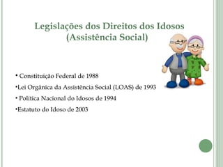 Legislações dos Direitos dos Idosos
(Assistência Social)
• Constituição Federal de 1988
•Lei Orgânica da Assistência Social (LOAS) de 1993
• Política Nacional do Idosos de 1994
•Estatuto do Idoso de 2003
 