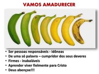 VAMOS AMADURECER
• Ser pessoas responsáveis - idôneas
• De uma só palavra – cumpridor dos seus deveres
• Firmes - inabaláveis
• Aprender viver fielmente para Cristo
• Deus abençoe!!!
 