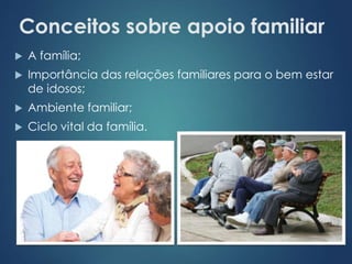 Conceitos sobre apoio familiar 
 A família; 
 Importância das relações familiares para o bem estar 
de idosos; 
 Ambiente familiar; 
 Ciclo vital da família. 
 