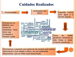 Humanização
Verificação dos
SSVV Ingestão hídrica
com água e o
lanche iogurte.
Troca de fralda
geriátrica mantendo a
pele limpa e seca,
evitando assaduras.
Orientamos o paciente com palavras de consolo auto estima
associando a sua religião e Deus, por ser totalmente
dependente, que se refere está desanimado.
Hidratamos os
MMSSII com
creme de
amêndoas. Para
ativar sua
circulação e
hidratar a pele.
Cuidados Realizados
 