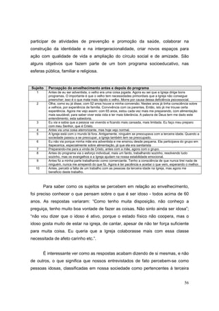 participar de atividades de prevenção e promoção da saúde, colaborar na
construção da identidade e na intergeracionalidade, criar novos espaços para
ação com qualidade de vida e ampliação do círculo social e de amizade. São
alguns objetivos que fazem parte de um bom programa socioeducativo, nas
esferas pública, familiar e religiosa.


Sujeito   Percepção do envelhecimento antes e depois do programa
   1      Antes de eu ser adventista, o velho era uma coisa jogada. Agora eu sei que a Igreja dirige bons
          programas. O importante é que o velho tem necessidades primordiais que a Igreja não consegue
          preencher; isso é o que mata mais rápido o velho. Morre por causa dessa deficiência psicossocial.
   2      Olha, como eu já disse, com 52 anos houve a minha conversão. Nestes anos já tinha consciência sobre
          a velhice, por experiência de família. Convivência com os parentes. Então, isto já me trouxe certa
          experiência. Agora me vejo assim: com 65 anos, estou cada vez mais me preparando, com alimentação
          mais saudável, para saber viver esta vida e ter mais tolerância. A palavra de Deus tem me dado este
          entendimento, esta sabedoria.
   3      Eu via e sabia que a pessoa vai vivendo e ficando mais cansada, mais limitada. Eu faço meu preparo
          com meu Senhor, que é Cristo.
   4      Antes via uma coisa aterrorizante, mas hoje vejo normal.
   5      A Igreja está com o mundo lá fora. Antigamente, ninguém se preocupava com a terceira idade. Quando a
          sociedade passou a se preocupar, a Igreja também tem se preocupado.
   6      Eu não via porque minha mãe era adventista e me ensinou desde pequena. Ela participava do grupo em
          Itapecerica, especialmente sobre alimentação, já que ela era sanitarista
   7      Preparando-me para a vinda de Cristo, antes com a mãe, agora com o grupo.
   8      Antes do programa via o esforço individual, mais um fardo, trabalhando sozinho, resolvendo tudo
          sozinho, mas os evangelhos e a Igreja ajudam na nossa estabilidade emocional.
   9      Antes fiz a minha parte trabalhando como comerciante. Tenho a consciência de que nunca tirei nada de
          ninguém, nunca me arrependi do que fiz. Agora é ter paciência e aceitar o que vem, esperando o melhor.
   10     Antes, percebi a falta de um trabalho com as pessoas da terceira idade na Igreja, mas agora me
          beneficio deste trabalho.



        Para saber como os sujeitos se percebem em relação ao envelhecimento,
foi preciso conhecer o que pensam sobre o que é ser idoso - todos acima de 60
anos. As respostas variaram: “Como tenho muita disposição, não conheço a
preguiça, tenho muito boa vontade de fazer as coisas. Não sinto ainda ser idosa”;
“não vou dizer que o idoso é ativo, porque o estado físico não coopera, mas o
idoso gosta muito de estar na igreja, de cantar, apesar de não ter força suficiente
para muita coisa. Eu queria que a Igreja colaborasse mais com essa classe
necessitada de afeto carinho etc.”.


        É interessante ver como as respostas acabam dizendo de si mesmas, e não
de outros, o que significa que nossos entrevistados de fato percebem-se como
pessoas idosas, classificadas em nossa sociedade como pertencentes à terceira


                                                                                                      56
 