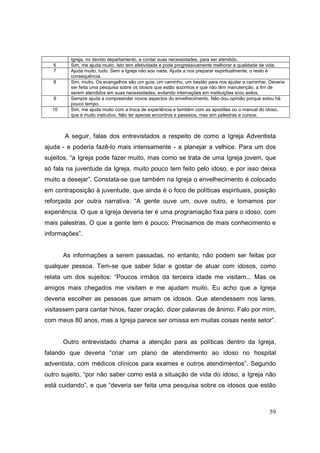 Igreja, no devido departamento, e contar suas necessidades, para ser atendido.
   6     Sim, me ajuda muito. Isto tem afetividade e pode progressivamente melhorar a qualidade de vida.
   7     Ajuda muito, tudo. Sem a Igreja não sou nada. Ajuda a nos preparar espiritualmente, o resto é
         consequência.
   8     Sim, muito. Os evangelhos são um guia, um caminho, um bastão para nos ajudar a caminhar. Deveria
         ser feita uma pesquisa sobre os idosos que estão sozinhos e que não têm manutenção, a fim de
         serem atendidos em suas necessidades, evitando internações em instituições e/ou asilos.
   9     Sempre ajuda a compreender novos aspectos do envelhecimento. Não dou opinião porque estou há
         pouco tempo.
  10     Sim, me ajuda muito com a troca de experiência e também com as apostilas ou o manual do idoso,
         que é muito instrutivo. Não ter apenas encontros e passeios, mas sim palestras e cursos.



       A seguir, falas dos entrevistados a respeito de como a Igreja Adventista
ajuda - e poderia fazê-lo mais intensamente - a planejar a velhice. Para um dos
sujeitos, “a Igreja pode fazer muito, mas como se trata de uma Igreja jovem, que
só fala na juventude da Igreja, muito pouco tem feito pelo idoso, e por isso deixa
muito a desejar”. Constata-se que também na Igreja o envelhecimento é colocado
em contraposição à juventude, que ainda é o foco de políticas espirituais, posição
reforçada por outra narrativa: “A gente ouve um, ouve outro, e tomamos por
experiência. O que a Igreja deveria ter é uma programação fixa para o idoso, com
mais palestras. O que a gente tem é pouco. Precisamos de mais conhecimento e
informações”.


       As informações a serem passadas, no entanto, não podem ser feitas por
qualquer pessoa. Tem-se que saber lidar e gostar de atuar com idosos, como
relata um dos sujeitos: “Poucos irmãos da terceira idade me visitam... Mas os
amigos mais chegados me visitam e me ajudam muito. Eu acho que a Igreja
deveria escolher as pessoas que amam os idosos. Que atendessem nos lares,
visitassem para cantar hinos, fazer oração, dizer palavras de ânimo. Falo por mim,
com meus 80 anos, mas a Igreja parece ser omissa em muitas coisas neste setor”.


       Outro entrevistado chama a atenção para as políticas dentro da Igreja,
falando que deveria “criar um plano de atendimento ao idoso no hospital
adventista, com médicos clínicos para exames e outros atendimentos”. Segundo
outro sujeito, “por não saber como está a situação de vida do idoso, a Igreja não
está cuidando”, e que “deveria ser feita uma pesquisa sobre os idosos que estão



                                                                                                  59
 