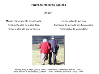 Padrões Motores Básicos
Andar
Menor comprimento de passada
Separação dos pés para fora
Menor extensão do tornozelo
Menor rotação pélvica
Aumento do período de duplo apoio
Diminuição da velocidade
Murray, Kory, & Sepic (1970); Chen, Ashton-Miller, Alexander & Schultz (1991);
Elble, Hughes & Higgins (1992); Molen (1973); Ferrandez, Paihous & Durup (1990)
 