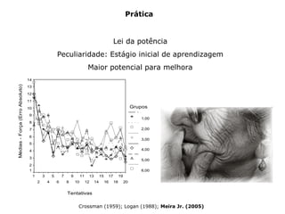 Lei da potência
Peculiaridade: Estágio inicial de aprendizagem
Maior potencial para melhora
Prática
Tentativas
20
19
18
17
16
15
14
13
12
11
10
9
8
7
6
5
4
3
2
1
Médias-Força(ErroAbsoluto)
14
13
12
11
10
9
8
7
6
5
4
3
2
1
Grupos
1,00
2,00
3,00
4,00
5,00
6,00
Crossman (1959); Logan (1988); Meira Jr. (2005)
 