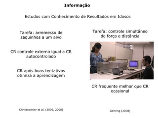 Informação
Estudos com Conhecimento de Resultados em Idosos
Tarefa: arremesso de
saquinhos a um alvo
CR controle externo igual a CR
autocontrolado
CR após boas tentativas
otimiza a aprendizagem
Chiviacowsky et al. (2006, 2008)
Tarefa: controle simultâneo
de força e distância
CR frequente melhor que CR
ocasional
Gehring (2008)
 