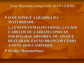 Fase Humana comparada ao INVERNO

 O OUTONO É A QUADRA DA
  MATURIDADE.
  [...] ENFIM VEM O INVERNO[...] CUJOS
  CABELOS OU CAÍRAM COMO AS
  FOLHAS DAS ÁRVORES, OU, OS QUE
  RESTARAM, ESTÃO BRANCOS COMO
  A NEVE DOS CAMINHOS.
 Ovídio, Metamorfoses
 