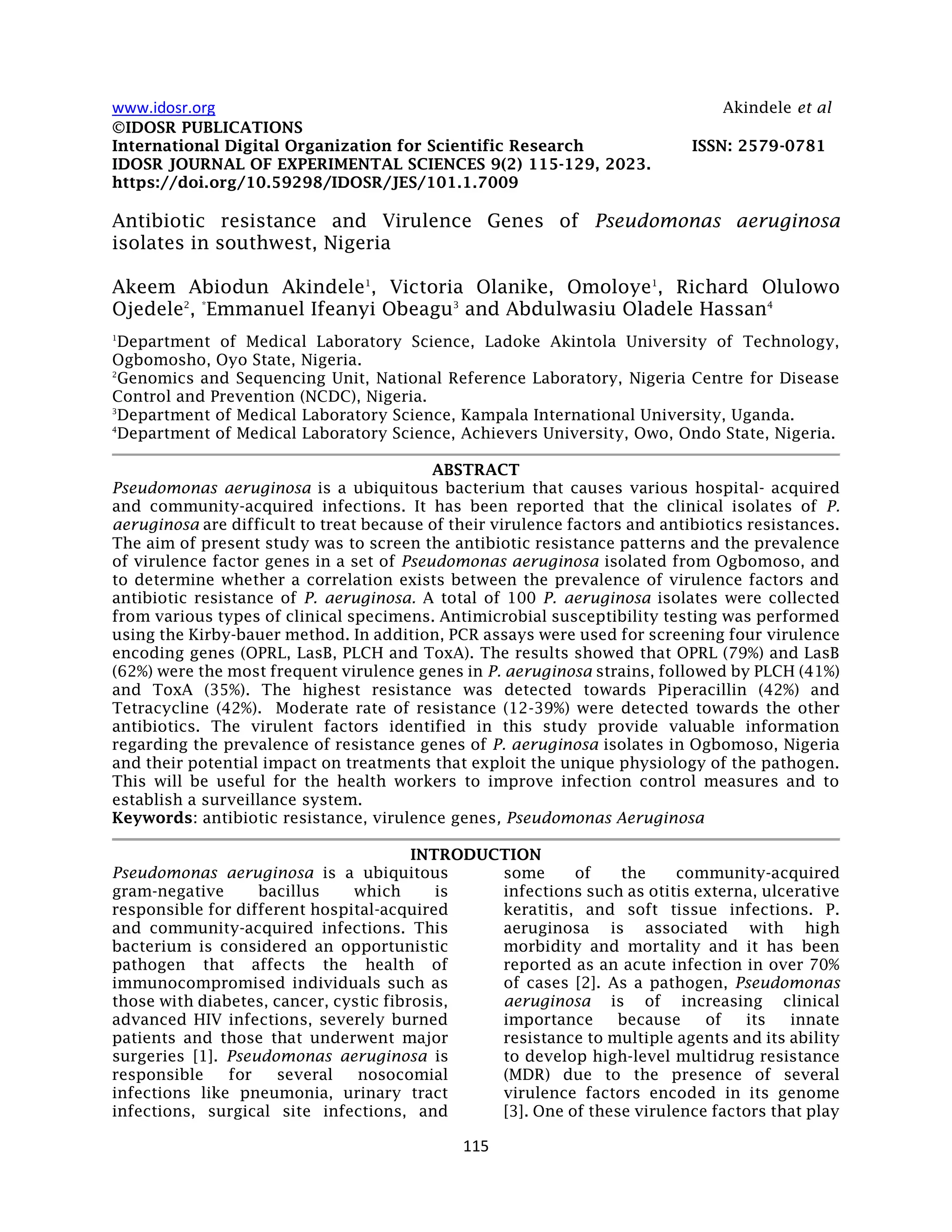 Antibiotic resistance and Virulence Genes of Pseudomonas aeruginosa ...