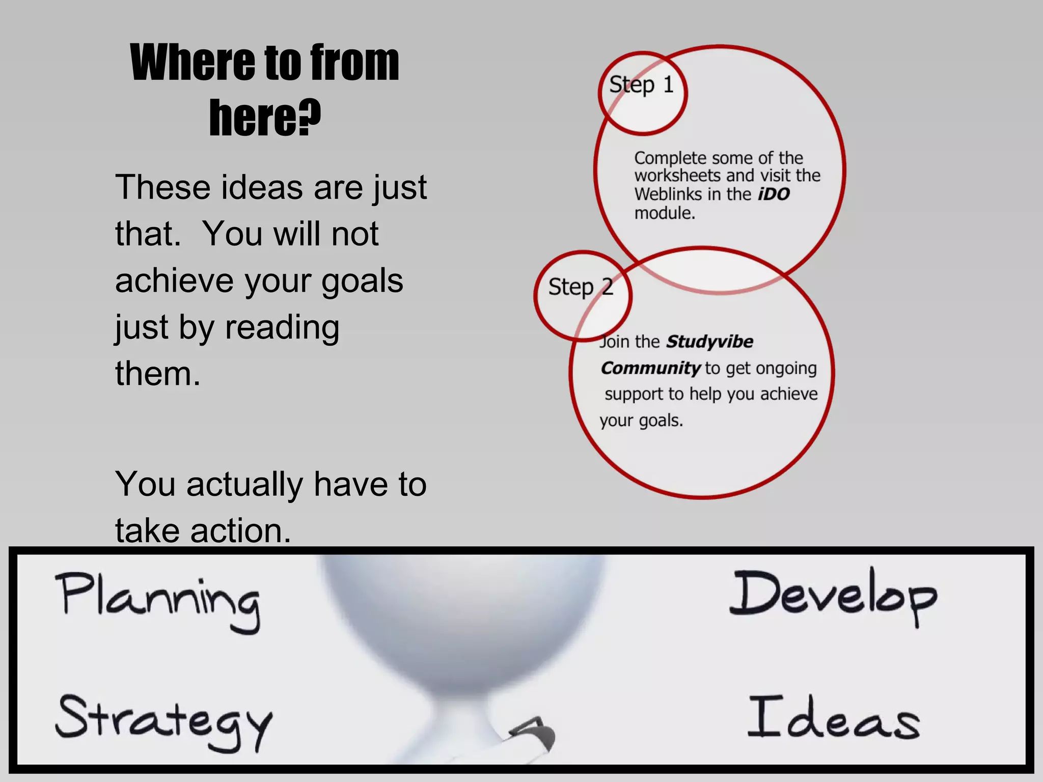 Where to from
   here?
These ideas are just
that. You will not
achieve your goals
just by reading
them.


You actually have to
take action.
 