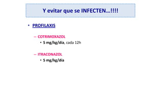 Y evitar que se INFECTEN…!!!!
• PROFILAXIS
– COTRIMOXAZOL
• 5 mg/kg/día, cada 12h
– ITRACONAZOL
• 5 mg/kg/día
 