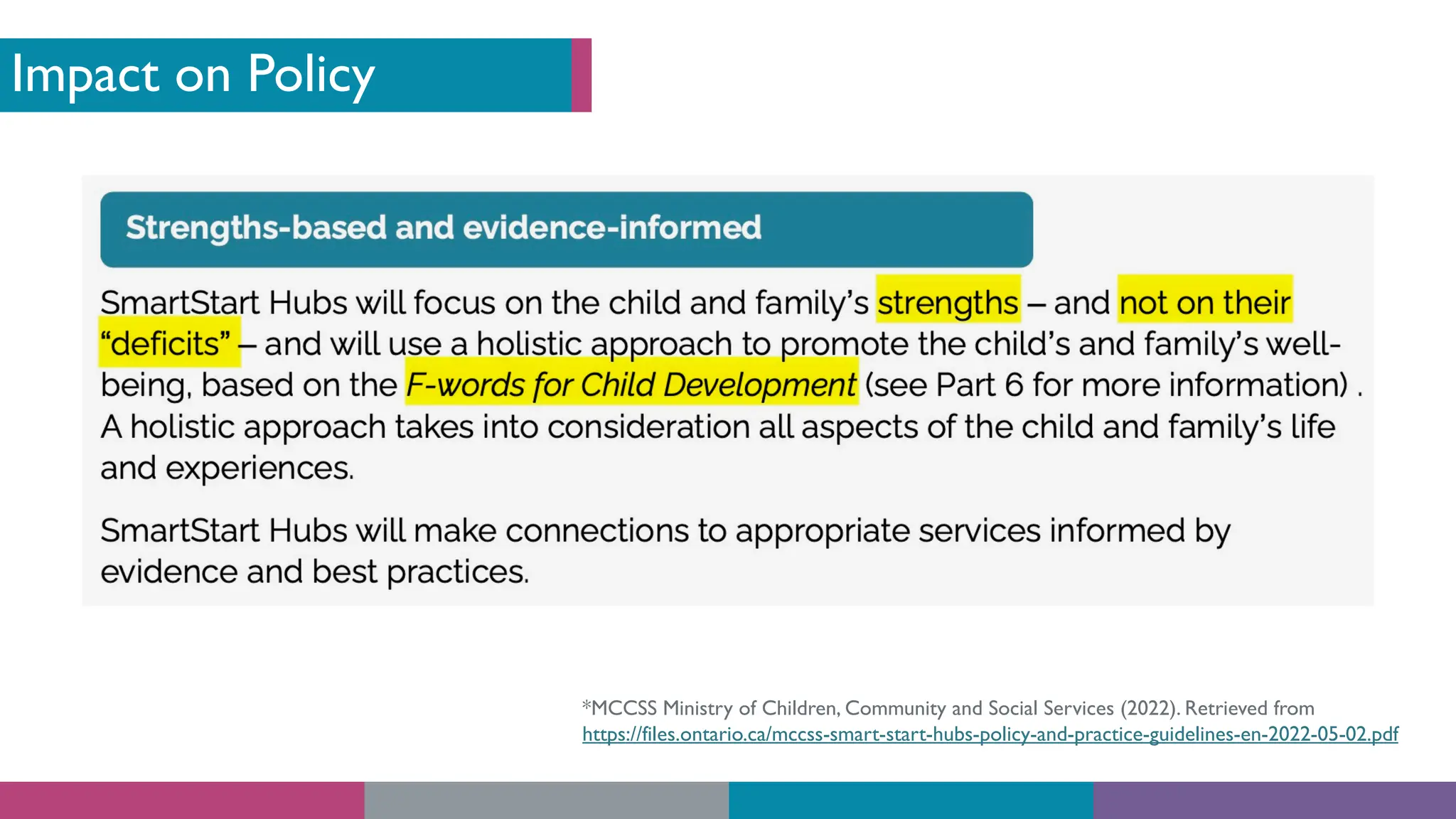 Impact on Policy
*MCCSS Ministry of Children, Community and Social Services (2022). Retrieved from
https://files.ontario.ca/mccss-smart-start-hubs-policy-and-practice-guidelines-en-2022-05-02.pdf
 