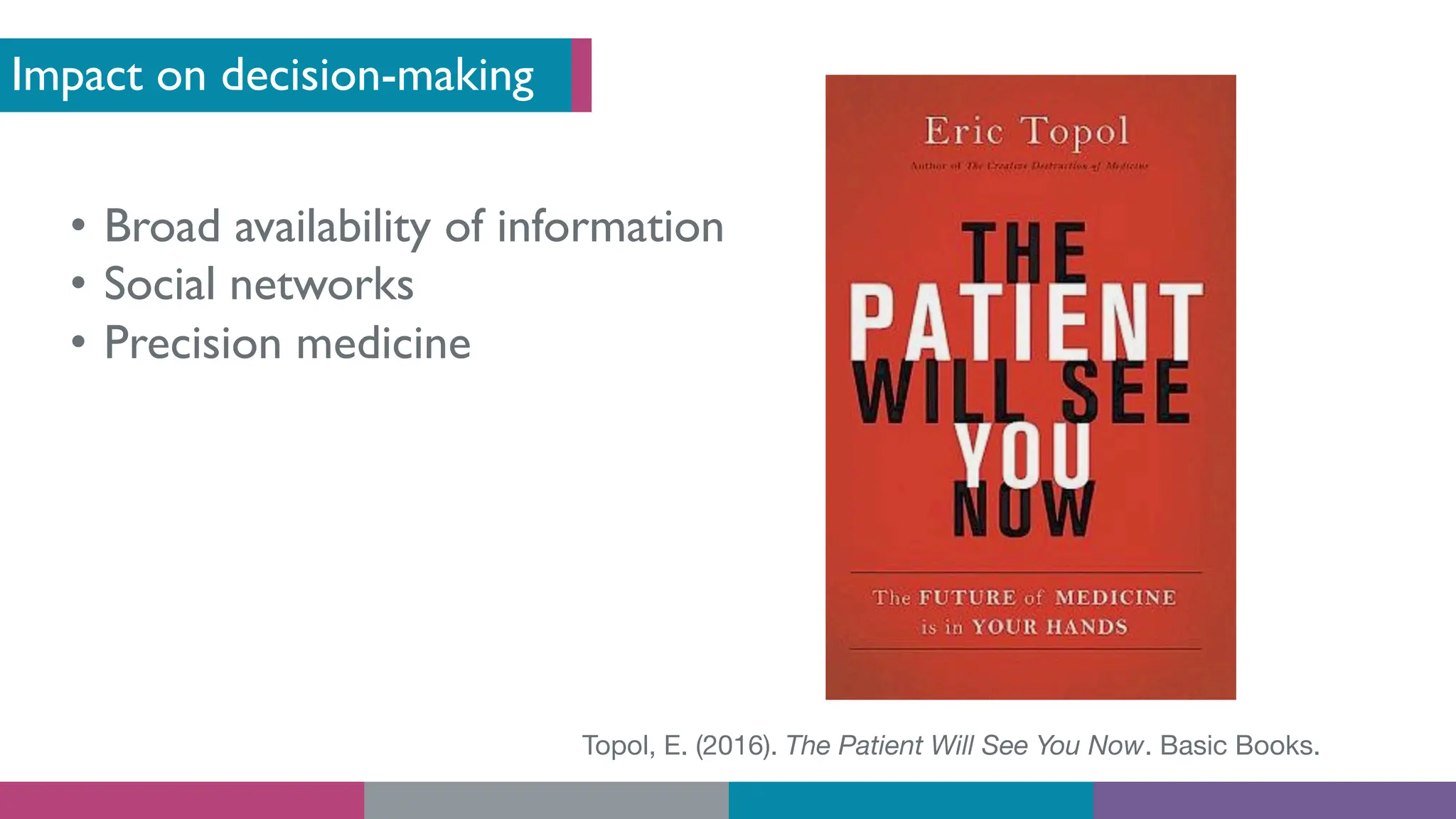 Impact on decision-making
• Broad availability of information
• Social networks
• Precision medicine
Topol, E. (2016). The Patient Will See You Now. Basic Books.
 