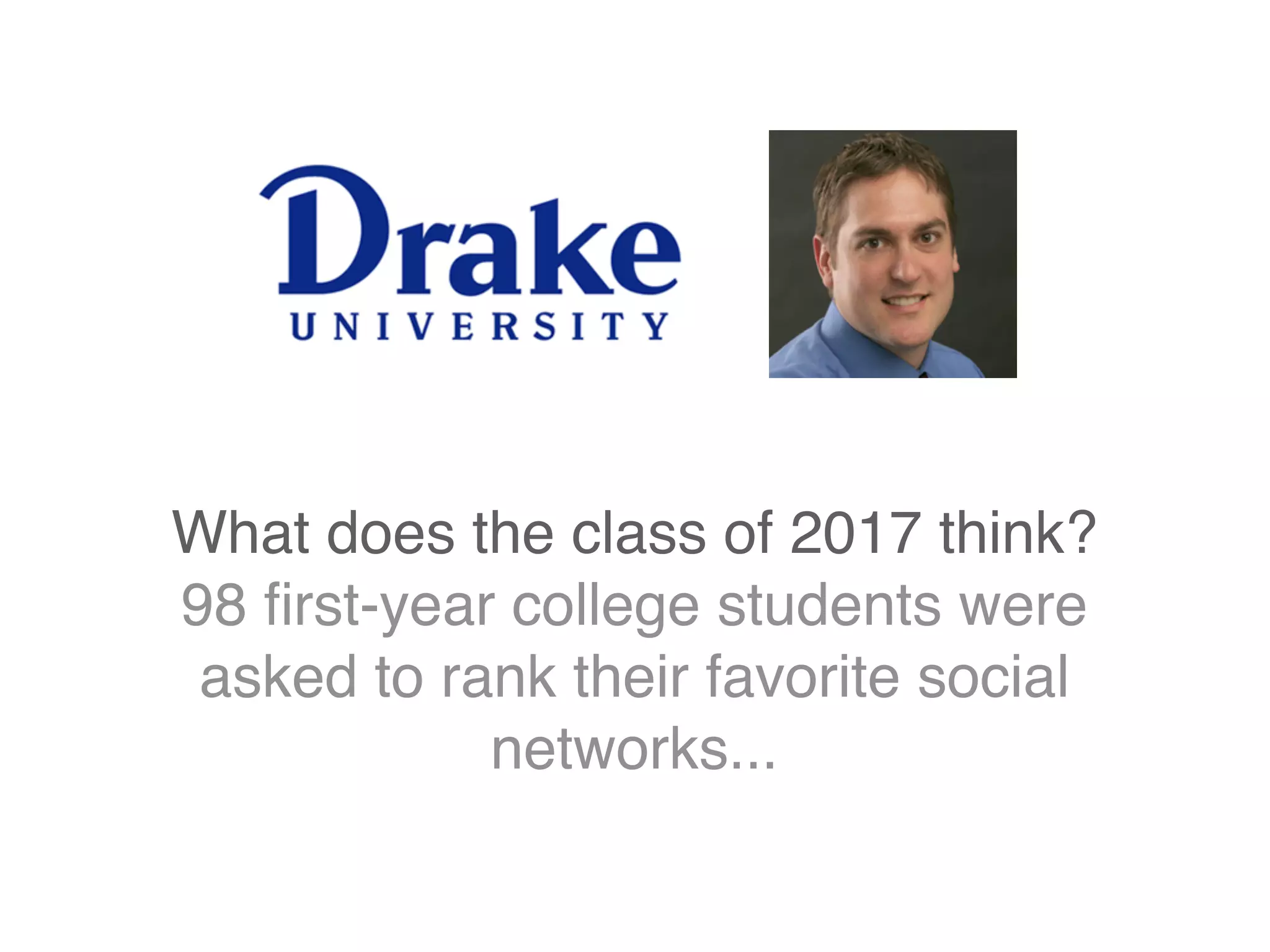 What does the class of 2017 think?
98 ﬁrst-year college students were
asked to rank their favorite social
networks...
 