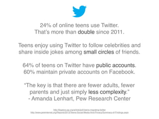 24% of online teens use Twitter.
That’s more than double since 2011.
Teens enjoy using Twitter to follow celebrities and
share inside jokes among small circles of friends.
64% of teens on Twitter have public accounts.
60% maintain private accounts on Facebook.
“The key is that there are fewer adults, fewer
parents and just simply less complexity.”
- Amanda Lenhart, Pew Research Center
http://bigstory.ap.org/article/poll-teens-migrating-twitter
http://www.pewinternet.org/Reports/2013/Teens-Social-Media-And-Privacy/Summary-of-Findings.aspx
 