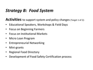 Strategy B:  Food System Activities  to support system and policy changes  (Target 1 of 2): Educational Speakers, Workshops & Field Days  Focus on Beginning Farmers Focus on Institutional Markets Micro Loan Program Entrepreneurial Networking Mini-grants  Regional Food Directory Development of Food Safety Certification process  
