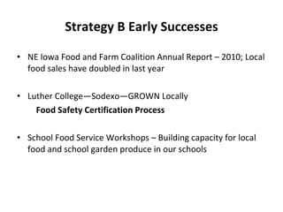 Strategy B Early Successes NE Iowa Food and Farm Coalition Annual Report – 2010; Local food sales have doubled in last year Luther College—Sodexo—GROWN Locally Food Safety Certification Process School Food Service Workshops – Building capacity for local food and school garden produce in our schools 