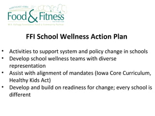 FFI School Wellness Action Plan Activities to support system and policy change in schools Develop school wellness teams with diverse representation Assist with alignment of mandates (Iowa Core Curriculum, Healthy Kids Act) Develop and build on readiness for change; every school is different 
