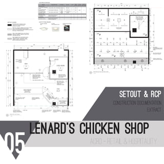 05 acrd - retail & hospitality
lenard’s chiCken shop
P1
P1
P1
D2D2
D2
D2 D2
D1
D1
D1
D1
D1
D1
D1
D2D2
NOMINATED CEILING HEIGHT FROM
FINISHED FLOOR LEVEL
SELECTED CEILING FINISH.
REFER TO FINISHES SCHEDULE.
REFLECTED CEILING PLAN LEGEND RECESSED EMERGENCY LIGHT, CLASS
C0/C90: D12.5
FIRE SPRINKLER
CEILING ACCESS PANEL TO BE FLUSHED
WITH ALLEN KEY LOCKS. ALL FIXINGS AND
FITTINGS TO BE CONCEALED
EM-1
EXIT EXIT LIGHT, 24M, SURFACE
MOUNTED/SUSPENDED CLASS CO/C90:E1.6
XXX CH
XX
AIR CONDITIONING VENT. DIFFUSERS TO
MATCH CEILING COLOUR
LIGHTING SCHEDULE
MODEL
4.02 EW-RSL-SA35SD4k
'MILL'
4.03 'KIT MINI' WITH
SQUARE PLATE
4.01 WAREHOUSE
PENDANT LIGHTS
SYMBOL QTYWATTS
SUB
TOTAL
TOTAL
WATTS
WATTS
PER SQM
DESCRIPTION
ADJUSTABLE WALL WASHER
RECCESSED DOWNLIGHT
RED 420DIA LAMP SHADE
40W LED
14.2W LED
11W COMPACT
FLURO
7
7
3
240
85.2
33
FOH LIGHTING
BOH LIGHTING
COOLROOM
358.2 X
X
EW-RSL-SA35SD4k
'MILL'
'KIT MINI'
WITH SQUARE PLATE
WAREHOUSE PENDANT
LIGHTS
LIGHT FITTING IMAGES
D1
D2
P1
IN RED COLOR
EXISTING LIGHTS
TO REMAIN
EXISTING LIGHTS
starters and tubes replaced with
triphospher Daylight tubes
starters and tubes replaced with
triphospher Daylight tubes
NEW BUILD
PLASTERBOARD CEILING
UNDER BULKHEAD IN P2
FINISH
PORTAL CEILING IN A1
TRESPA METEON FINISH.
3000
MALL BULKHEAD AND
CEILING BY LESSOR
T5
T5
T5
T5
T5
T5
INSULATED PANEL
75mm THK FOR
COOLROOM WALLS
AND CEILING
EXIT
T5
2400
3000
3000
3960
EM-1
EXIT
109119992190903630
5005007517351735
2630909901200
1300 3700 2750 1000
8750
907907907997109510951000996
EM-1
ACCESS PANEL
TBC ON SITE
54654510001000600600
1148 1048 90 854 854 854 854 1837 1213
1042 1042 1042 1042 1042 1250 625
1094 1094 1094 1094 1094 1094 1094 1094
4375 4375
455455
AC
AC
2239
1450 1450
669 669 1713
DRAWING No.
REVISION:
SCALE AT A3:
DRAWING TITLE
DRAWN:
CHECKED:
DATE:
FIRST ISSUE:
CLIENT:
PROJECT:
IMPORTANT NOTE:
A full site measure is to be
carried out prior to any
construction commencing on
site. All site measurements are
to checked against drawings.
Any changes are to be made by
designer to drawings prior to
commencementon site. All
dimensions are to be checked
on site before commencement
of work or manufacturing of any
items. These drawings are the
property of ACRD Pty. Ltd. and
must not be reproduced or
copied wholly or inpart without
the permission of ACRD Pty.
Ltd. Use figure ddimensions in
reference to scale
ALL DIMENSIONS ARE IN MILLIMETERS. VERIFY ALL DIMENSIONS ON
SITE PRIOR TO COMMENCEMENT OF WORKS. DO NOT SCALE OFF
DRAWING. COPYRIGHT REMAINS THE PROPERTY OF THIS OFFICE. 1 : 50
7/21/2016 2:49:11 PM
REFLECTED CEILING PLAN
WILLOWS SHOPPING TOWN
LENARD'S CHICKEN SK
DC
A106
25/09/2015
PRE
NOTE:
- ENSURE CONCEALED FIXINGS FOR SUSPENDED SIGNAGE 1 : 50
A106 REFLECTED CEILING PLAN
1
LOW 131mm WALL. REFER
TO DRAWING J001 FOR
DETAILS
STEEL PLINTHS FOR
DISPLAY CABINETS.
SUPPLIED BY
MANUFACTURER
NEW STEEL DOUBLE
SWING DOOR, INSTAL
NEW DIGITAL LOCK.
(REFER TO SOW FOR
DOOR SPECS)
NEW STEEL STUD
WALL WITH D/S FULL
HEIGHT PLASTER
BOARD AND
NOMINATED FINISH
STEEL
PLIN
THS
FO
R
DIS
PLAY
CABIN
ETS.
SUPPLIE
D
BY
M
ANUFACTURER
STEEL PLINTHS FOR
DISPLAY CABINETS.
SUPPLIED BY
MANUFACTURER
FEATURE PORTAL
REFER TO SEPARATE
DRAWING FOR DETAILS
INSULATED PANEL
NOM.75mm THK FOR
COOL ROOM WALLS
AND CEILING.
COOL ROOM
SWING DOOR
43 m²
FOH
150mmH CONCRETE
PLINTHS UNDER POS
COUNTER
150mmH CONCRETE
PLINTHS UNDER POS
COUNTER
INSTALL OFFICE
CABINET
BEFORE FLOOR
COVING
FEATURE PORTAL
REFER TO SEPARATE
DRAWING FOR DETAILS
LOW 131mm WALL. REFER
TO DRAWING J001 FOR
DETAILS
C
O
L.
C
O
L.
GB
T1
GB
GB
GB
T1
T1
T1
24 m²
BOH
3
10 m²
COOL ROOM
2
100075347075903196963131
347044361094
120824219023652915
36309023652576339
9000
2196 90 4874 940 650
5700 75 2900 75
8750
100
555 400 1560 40
100
802
495 1460
2000
6500 2250
LEASE LINE
NEW WINDOW (2000W x 400H)
EXISTING SOLID TENANCY WALL.
LINED WITH PLASTER BOARD.
FINISH BY LESSEE.
NEW FULL HEIGHT TIMBER STUD WALLS LINED
WITH PLASTERBOARD ON BOTH SIDES.
REFER TO ELEVATIONS AND FINISHES SCHEDULE
FOR WALL FINISH DETAILS.
NEW TIMBER STUD LOW HEIGHT WALL
LINED WITH 6mm THK BORAL FIBRE
CEMENT SHEET. CAPPED IN (A1) TO
MATCH SHOPFRONT NIB WALL.
NEW 131MM TIMBER STUD LOW HEIGHT
（ ）NIB WALL 627MM . REFER TO J001 FOR
FURTHER DETAILS.
SETOUT LEGEND
DRAWING No.
REVISION:
SCALE AT A3:
DRAWING TITLE
DRAWN:
CHECKED:
DATE:
FIRST ISSUE:
CLIENT:
PROJECT:
IMPORTANT NOTE:
A full site measure is to be
carried out prior to any
construction commencing on
site. All site measurements are
to checked against drawings.
Any changes are to be made by
designer to drawings prior to
commencementon site. All
dimensions are to be checked
on site before commencement
of work or manufacturing of any
items. These drawings are the
property of ACRD Pty. Ltd. and
must not be reproduced or
copied wholly or inpart without
the permission of ACRD Pty.
Ltd. Use figure ddimensions in
reference to scale
ALL DIMENSIONS ARE IN MILLIMETERS. VERIFY ALL DIMENSIONS ON
SITE PRIOR TO COMMENCEMENT OF WORKS. DO NOT SCALE OFF
DRAWING. COPYRIGHT REMAINS THE PROPERTY OF THIS OFFICE. 1 : 50
7/21/2016 2:49:06 PM
SETOUT PLAN
WILLOWS SHOPPING TOWN
LENARD'S CHICKEN SK
DC
A103
25/09/2015
PRE
1 : 50
A103 SET OUT PLAN
1
- ALL WALL DIMENSION SHOWN ARE FINISH WALL SIZES.
- REFER TO EXISTING PLAN, ELEVATIONS, DOOR, FINISHES AND GRPHICS SCHEDULE FOR FURTHER DETAILS.
- REFER TO ENGINEER'S DRAWINGS FOR WALL STRUCTURE SPECIFICATIONS.
- SITE MEASURE REQUIRED FOR EXACT FRIDGE DIMENSIONS PRIOR TO ORDERING
- BUILDER TO MAKE GOOD ALL (REUSED) EXISTING SHOP ELEMENTS
- BUILDER TO CONFIRM ALL DIMENSIONS AND SITE CONDITIONS PRIOR TO WORKS COMMENCING
ADDITIONAL NOTES:
REFER TO STRUCTURAL DRAWINGS FOR
SHOPFRONT CONSTRUCTION DETAILS.
N
CONSTRUCTION PROGRAM:
- STEEL PLINTHS TO BE CONSTRUCTED AND
INSTALLED
- DISPLAY CABINETS TO BE INSTALLED
- SHOPFRONT LOW WALL TO BE CONSTRUCTED
- FLOORING AND COVING INSTALLED TO FACE
OF PLINTHS
SHOPFITTER TO CONTACT DISPLAY CABINET
MANUFACTURER PRIOR TO CONSTRUCTION
LOW 131mm WALL. REFER
TO DRAWING J001 FOR
DETAILS
STEEL PLINTHS FOR
DISPLAY CABINETS.
SUPPLIED BY
MANUFACTURER
NEW STEEL DOUBLE
SWING DOOR, INSTAL
NEW DIGITAL LOCK.
(REFER TO SOW FOR
DOOR SPECS)
NEW STEEL STUD
WALL WITH D/S FULL
HEIGHT PLASTER
BOARD AND
NOMINATED FINISH
STEEL
PLIN
THS
FO
R
DIS
PLAY
CABIN
ETS.
SUPPLIE
D
BY
M
ANUFACTURER
STEEL PLINTHS FOR
DISPLAY CABINETS.
SUPPLIED BY
MANUFACTURER
FEATURE PORTAL
REFER TO SEPARATE
DRAWING FOR DETAILS
INSULATED PANEL
NOM.75mm THK FOR
COOL ROOM WALLS
AND CEILING.
COOL ROOM
SWING DOOR
43 m²
FOH
150mmH CONCRETE
PLINTHS UNDER POS
COUNTER
150mmH CONCRETE
PLINTHS UNDER POS
COUNTER
INSTALL OFFICE
CABINET
BEFORE FLOOR
COVING
FEATURE PORTAL
REFER TO SEPARATE
DRAWING FOR DETAILS
LOW 131mm WALL. REFER
TO DRAWING J001 FOR
DETAILS
C
O
L.
C
O
L.
GB
T1
GB
GB
GB
T1
T1
T1
24 m²
BOH
3
10 m²
COOL ROOM
2
100075347075903196963131
347044361094
120824219023652915
36309023652576339
9000
2196 90 4874 940 650
5700 75 2900 75
8750
100
555 400 1560 40
100
802
495 1460
2000
6500 2250
LEASE LINE
NEW WINDOW (2000W x 400H)
DRAWING No.
REVISION:
SCALE AT A3:
DRAWING TITLE
DRAWN:
CHECKED:
DATE:
FIRST ISSUE:
CLIENT:
PROJECT:
IMPORTANT NOTE:
A full site measure is to be
carried out prior to any
construction commencing on
site. All site measurements are
to checked against drawings.
Any changes are to be made by
designer to drawings prior to
commencementon site. All
dimensions are to be checked
on site before commencement
of work or manufacturing of any
items. These drawings are the
property of ACRD Pty. Ltd. and
must not be reproduced or
copied wholly or inpart without
the permission of ACRD Pty.
Ltd. Use figure ddimensions in
reference to scale
ALL DIMENSIONS ARE IN MILLIMETERS. VERIFY ALL DIMENSIONS ON
SITE PRIOR TO COMMENCEMENT OF WORKS. DO NOT SCALE OFF
DRAWING. COPYRIGHT REMAINS THE PROPERTY OF THIS OFFICE. 1 : 50
7/21/2016 2:49:06 PM
SETOUT PLAN
WILLOWS SHOPPING TOWN
LENARD'S CHICKEN SK
DC
A103
25/09/2015
PRE
1 : 50
A103 SET OUT PLAN
1
R FURTHER DETAILS.
MENCING
N
setout & rCP
construction documentation
extract
 