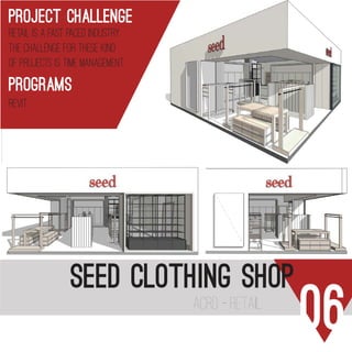 SCALE @
REVISION
DRAWING
CHECKED:
DRAWN:
FIRST ISSUE:
DATE:
PROJECT:
CLIENT:
IMPORTANT NOTE:
A full site measure is to be carried
out prior to any construction
commencing on site. All site
measurements are to checked
against drawings. Any changes
are to be made by designer to
drawings prior to commencement
on site. All dimensions are to be
checked on site before
commencement of work or
manufacturing of any items. These
drawings are the property of
ACRD Pty. Ltd. and must not be
reproduced or copied wholly or in
part without the permission of
ACRD Pty. Ltd. Use figured
dimensions in reference to scale.
DRAWING TITLE:
ALL DIMENSIONS ARE IN MILLIMETERS. VERIFY ALL DIMENSIONS ON SITE PRIOR
TO COMMENCEMENT OF WORKS. DO NOT SCALE OFF DRAWING. COPYRIGHT
REMAINS THE PROPERTY OF THIS OFFICE.
1 James Schofield Drive,
Adelaide South Australia 5950
CD
A-3
SK
SK
PUMA ENERGY AUSTRALIA
ADELAIDE AIRPORT
INTERNAL
PROSPECTIVES
21/07/2016
30/06/2016
3D PERSPECTIVE
1
UTH PERSPECTIVE
ST PERSPECTIVE
REVISION SCHEDULE
Description
PRELIMINARY
06acrd - retail
seed clothing shop
project chalLenge
retail is a fast paced industry
the challenge for these kind
of projects is time management
PROGRAMS
revit
3D WEST PERSPECTIVE
3
C
D
PROJECT:
CLIENT:
IMPORTANT NOTE:
A full site measure is to be carried
out prior to any construction
commencing on site. All site
measurements are to checked
against drawings. Any changes
are to be made by designer to
drawings prior to commencement
on site. All dimensions are to be
checked on site before
commencement of work or
manufacturing of any items. These
drawings are the property of
ACRD Pty. Ltd. and must not be
reproduced or copied wholly or in
part without the permission of
ACRD Pty. Ltd. Use figured
dimensions in reference to scale.
D
A1 James Schofield Drive,
Adelaide South Australia 5950
PUMA ENERGY AUSTRALIA
ADELAIDE AIRPORT
3D PERSPECTIVE
1
3D SOUTH PERSPECTIVE
2
3D WEST PERSPECTIVE
3
REVISION SCHEDULE
Number Date Description
30/06/16 PRELIMINARY
 