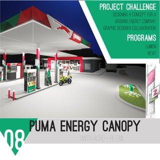 puma energy canopy
08 with acrd - retail
project chalLenge
Designing a concept for a
growing energy company.
graphic designer Collaboration.
PROGRAMS
Lumion
revit
 