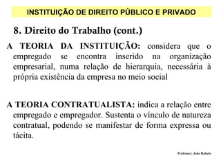 INSTITUIÇÃO DE DIREITO PÚBLICO E PRIVADO

 8. Direito do Trabalho (cont.)
A TEORIA DA INSTITUIÇÃO: considera que o
 empregado se encontra inserido na organização
 empresarial, numa relação de hierarquia, necessária à
 própria existência da empresa no meio social


A TEORIA CONTRATUALISTA: indica a relação entre
 empregado e empregador. Sustenta o vínculo de natureza
 contratual, podendo se manifestar de forma expressa ou
 tácita.
                                             Professor: João Rabelo
 
