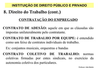 INSTITUIÇÃO DE DIREITO PÚBLICO E PRIVADO

8. Direito do Trabalho (cont.)
         CONTRATAÇÃO DO EMPREGADO

CONTRATO DE ADESÃO: aquele em que as cláusulas são
 impostas unilateralmente pelo contratante.
CONTRATO DE TRABALHO POR EQUIPE: é entendido
 como um feixe de contratos individuais de trabalho.
 Ex: conjuntos musicais, orquestras e bandas
CONTRATO COLETIVO DE TRABALHO: normas
 coletivas firmadas por entes sindicais, no exercício da
 autonomia coletiva dos particulares.
                                               Professor: João Rabelo
 