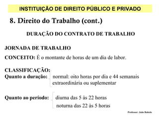 INSTITUIÇÃO DE DIREITO PÚBLICO E PRIVADO

  8. Direito do Trabalho (cont.)
         DURAÇÃO DO CONTRATO DE TRABALHO

JORNADA DE TRABALHO
CONCEITO: É o montante de horas de um dia de labor.

CLASSIFICAÇÃO:
Quanto a duração: normal: oito horas por dia e 44 semanais
                  extraordinária ou suplementar

Quanto ao período:   diurna das 5 às 22 horas
                      noturna das 22 às 5 horas
                                                      Professor: João Rabelo
 