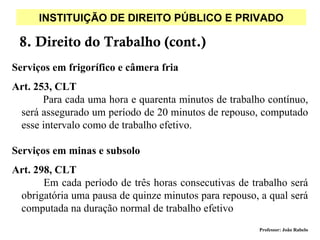 INSTITUIÇÃO DE DIREITO PÚBLICO E PRIVADO

 8. Direito do Trabalho (cont.)
Serviços em frigorífico e câmera fria
Art. 253, CLT
       Para cada uma hora e quarenta minutos de trabalho contínuo,
 será assegurado um período de 20 minutos de repouso, computado
 esse intervalo como de trabalho efetivo.

Serviços em minas e subsolo
Art. 298, CLT
       Em cada período de três horas consecutivas de trabalho será
 obrigatória uma pausa de quinze minutos para repouso, a qual será
 computada na duração normal de trabalho efetivo
                                                       Professor: João Rabelo
 